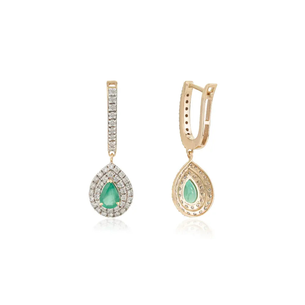 Pear Shape Emerald & Diamond Double Cluster Hoop Drop Earrings 14K Pure Yellow Gold Jewelry
