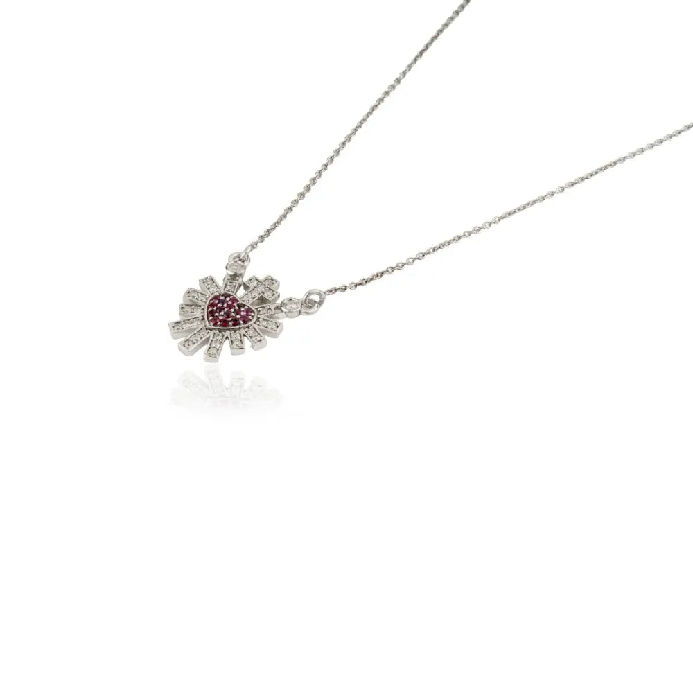 Real Ruby & Diamond Sacred Heart Sunburst Pendant Necklace Unique Design 14K White Gold