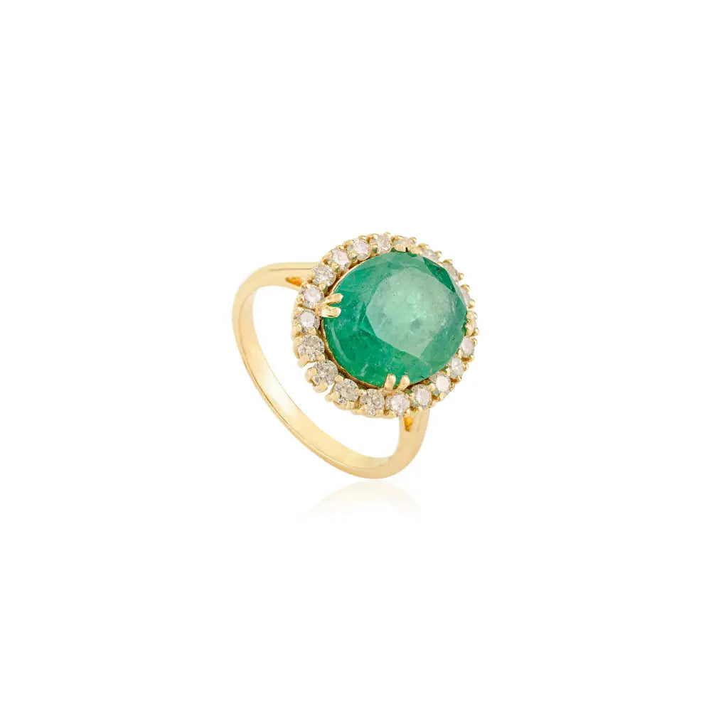 5ct. Zambian Emerald & Diamond Real 14K Yellow Gold Cluster Ring Bold Bridal Jewelry