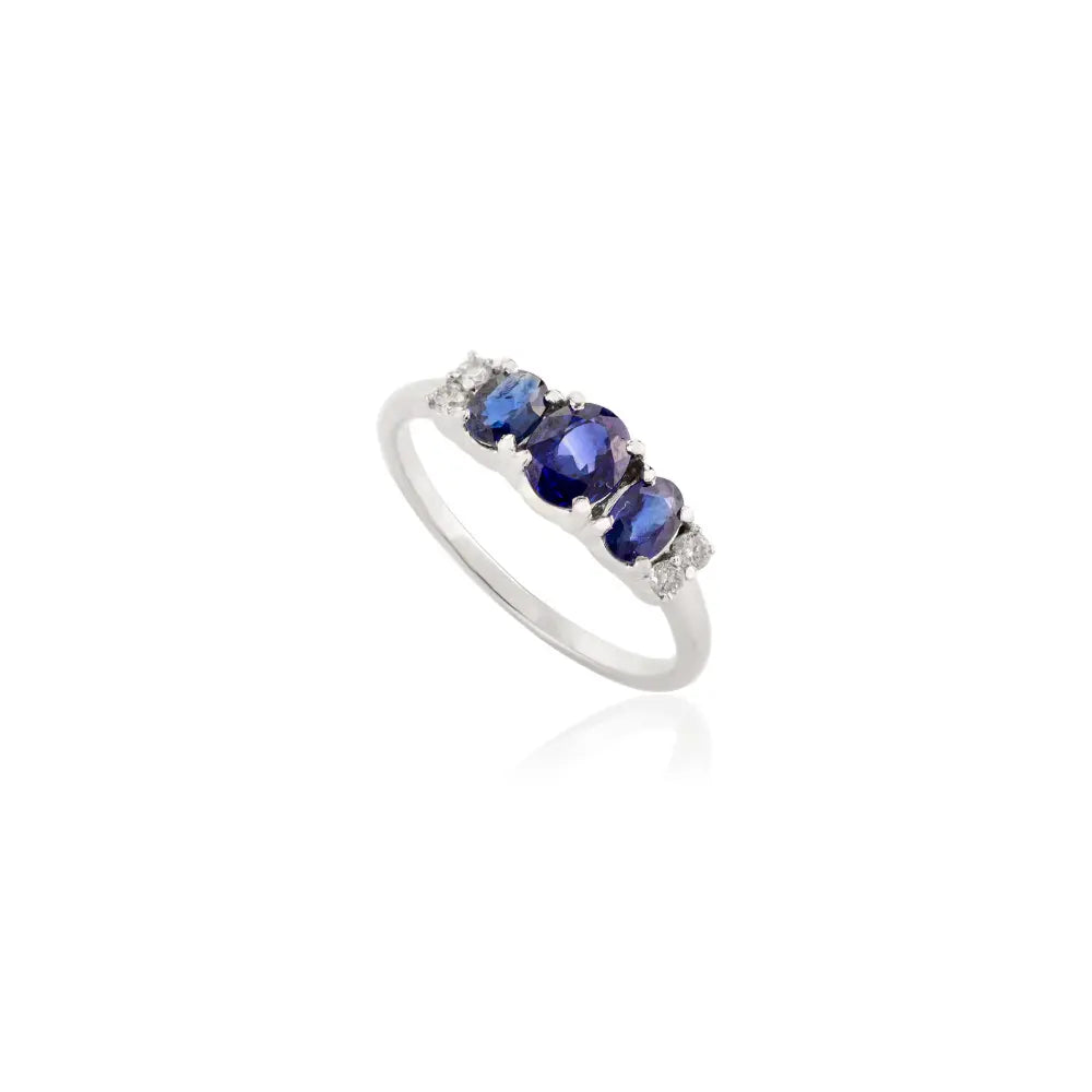 Handmade Jewelry Natural Blue Sapphire & Diamond 14K Three Stone Gold Ring