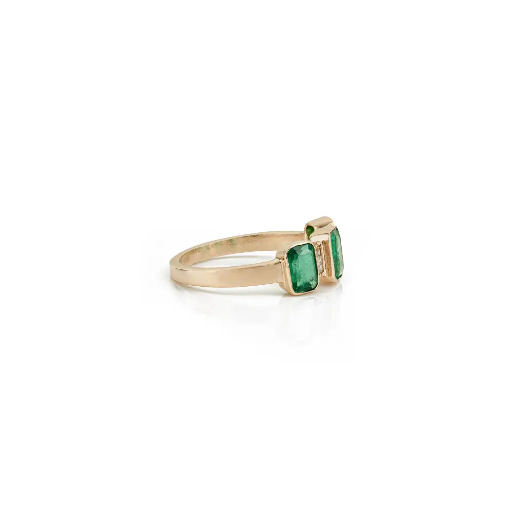 May Birthstone Natural Emerald & Diamond 14K Yellow Gold Three Stone Stackable Ring