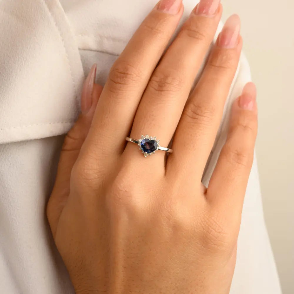 Heart Shape Blue Sapphire & Round Diamond Solid 14K White Gold Designer Ring