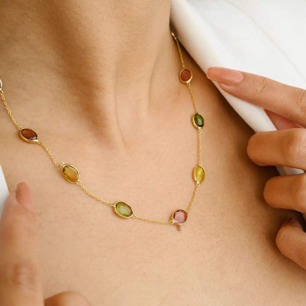 18K Yellow Gold Multi Tourmaline Uneven Shape Long Chain Necklace