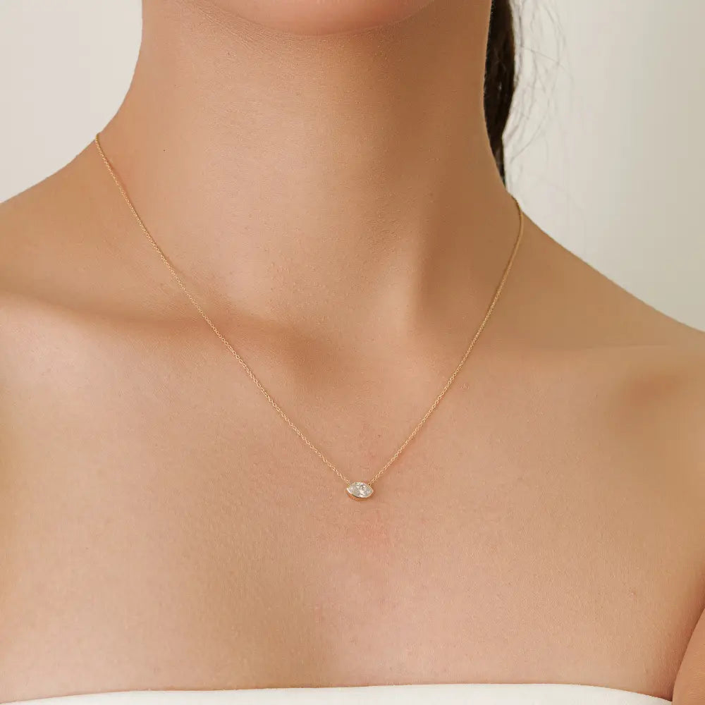 Marquise Cut Diamond Solitaire Pendant Necklace Pure K14 Yellow Gold Stacking Jewelry