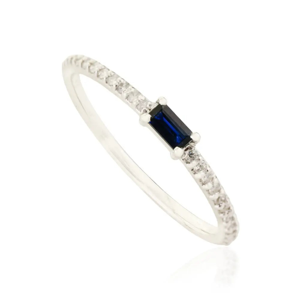 Minimalist Blue Sapphire & Diamond K14 Solid White Gold Stacking Band Ring Everyday Jewelry