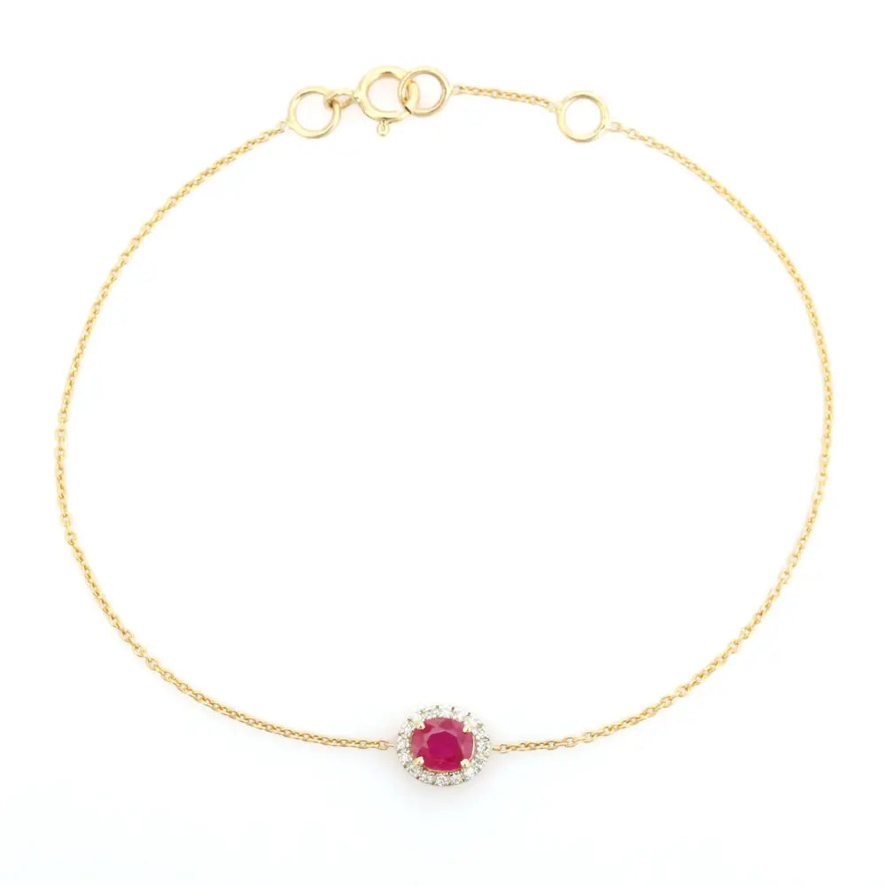 Stunning Precious Gemstone Ruby & Diamond 14K Yellow Gold Solitaire Halo Bracelet Women