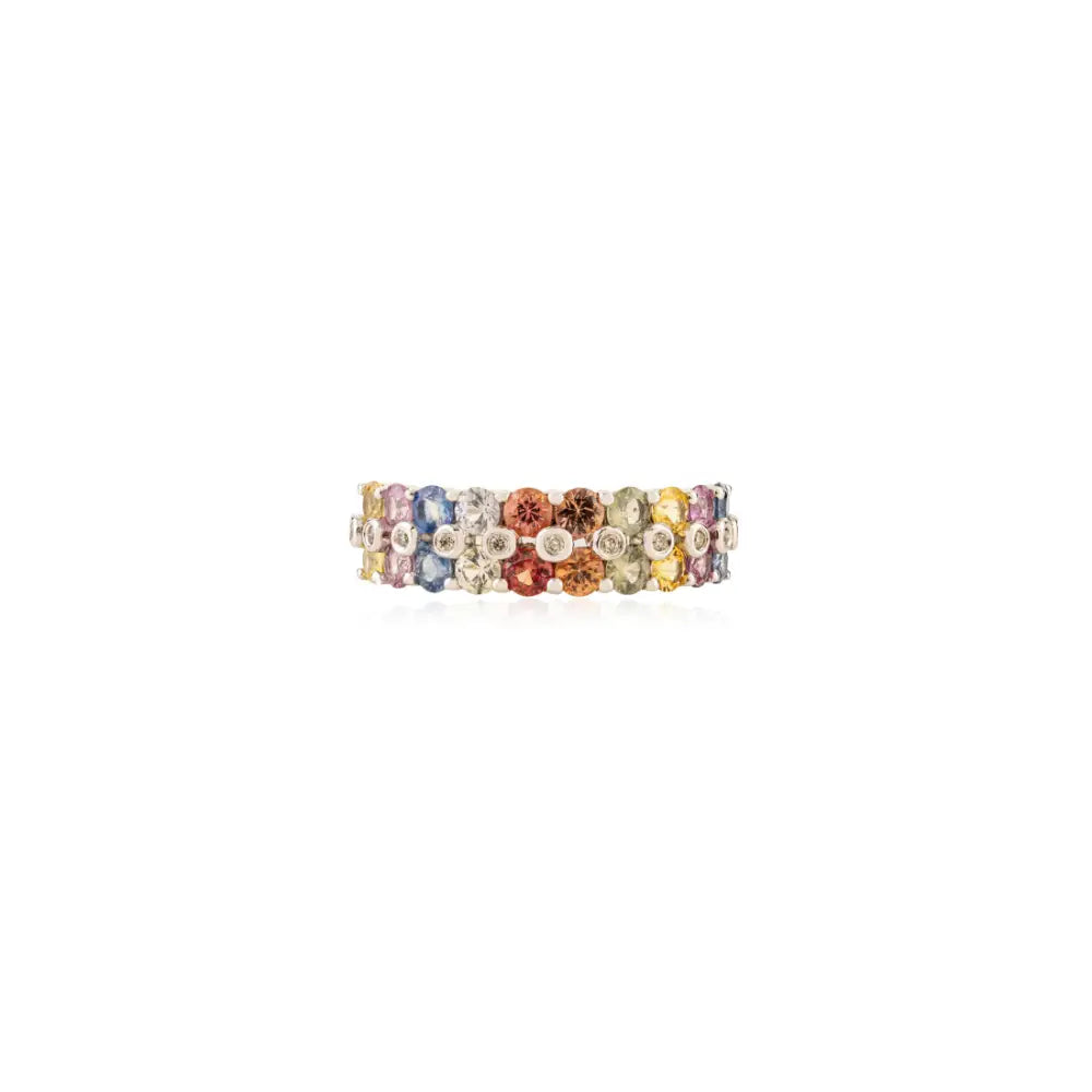 Colorful Gemstone Round Cut Multi Sapphire & Diamond 18K White Gold Half Eternity Band Ring