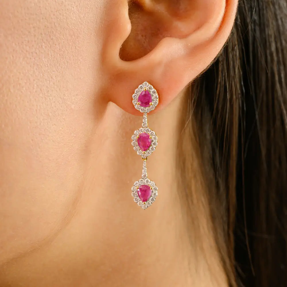 Solid 14K Yellow Gold Ruby & Diamond Dangle Earrings Wedding Jewelry For Women
