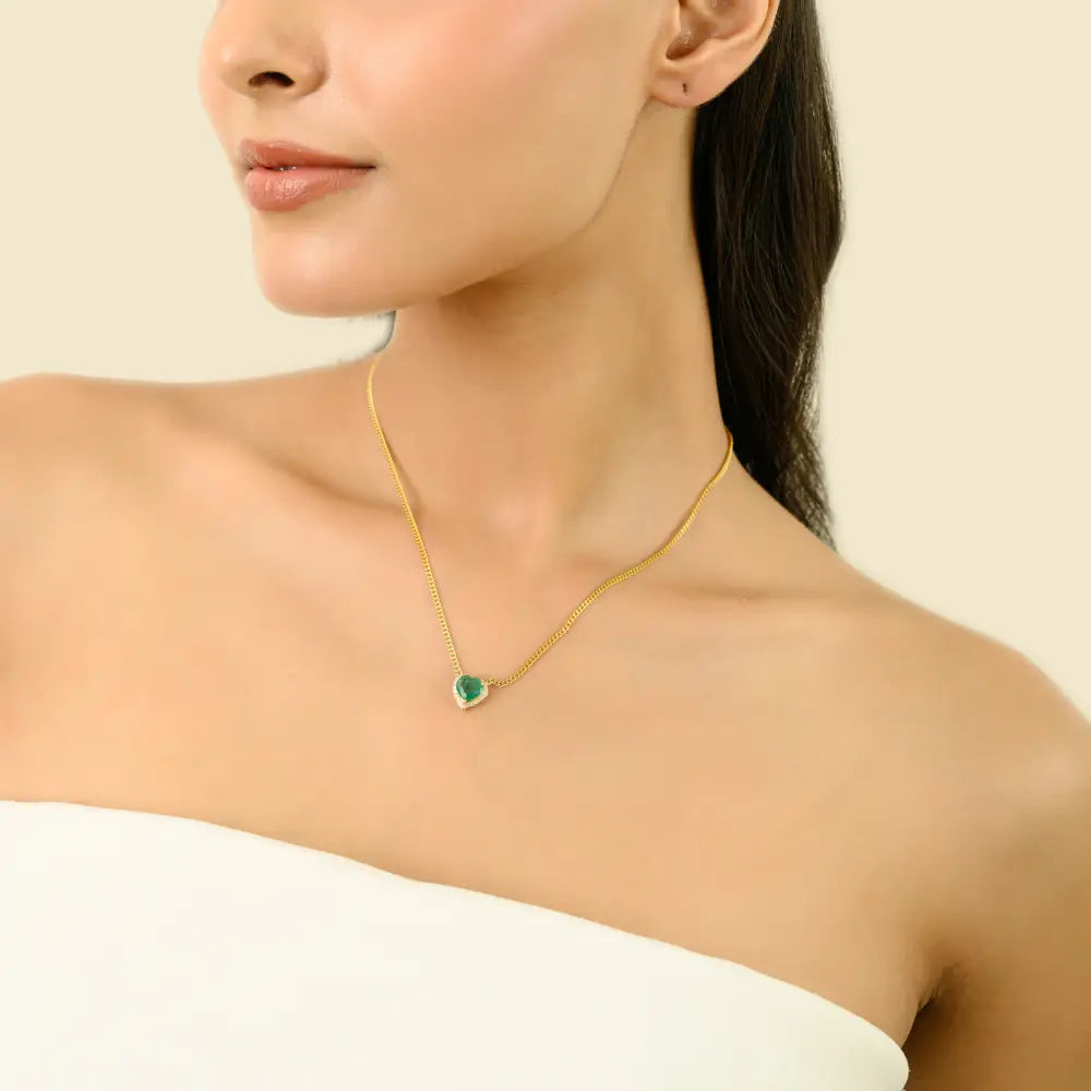 Heart Shape Gemstone Emerald & Diamond Cuban Chain Pendant Necklace 14K Solid Yellow Gold