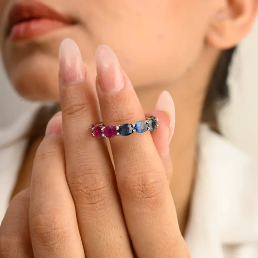 Handcrafted Blue Sapphire & Ruby 14K White Gold Full Eternity Band Ring