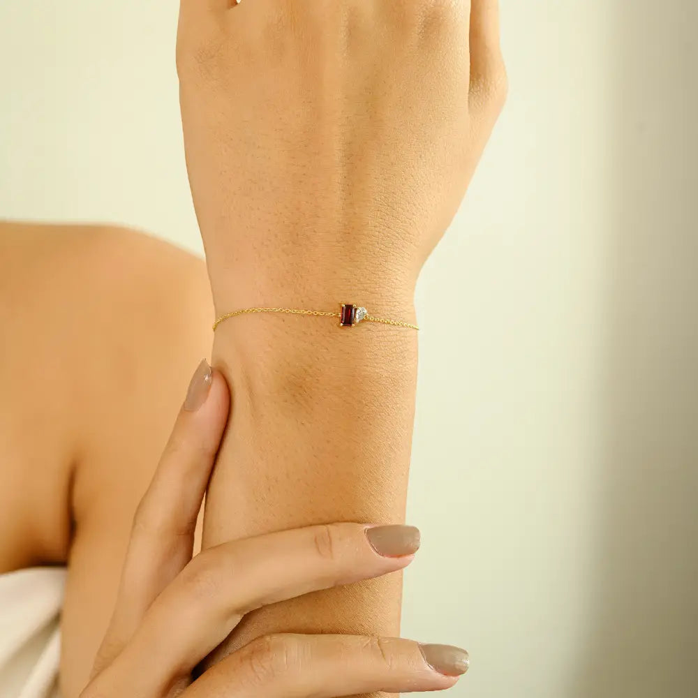 5x3mm Baguette Cut Garnet & Diamond Dainty Toi et Moi Bracelet 14K Real Yellow Gold Jewelry