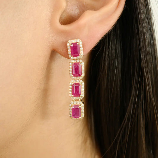 Bold Jewelry 14K Yellow Gold Ruby & Diamond Long Statement Dangle Earrings For Wedding