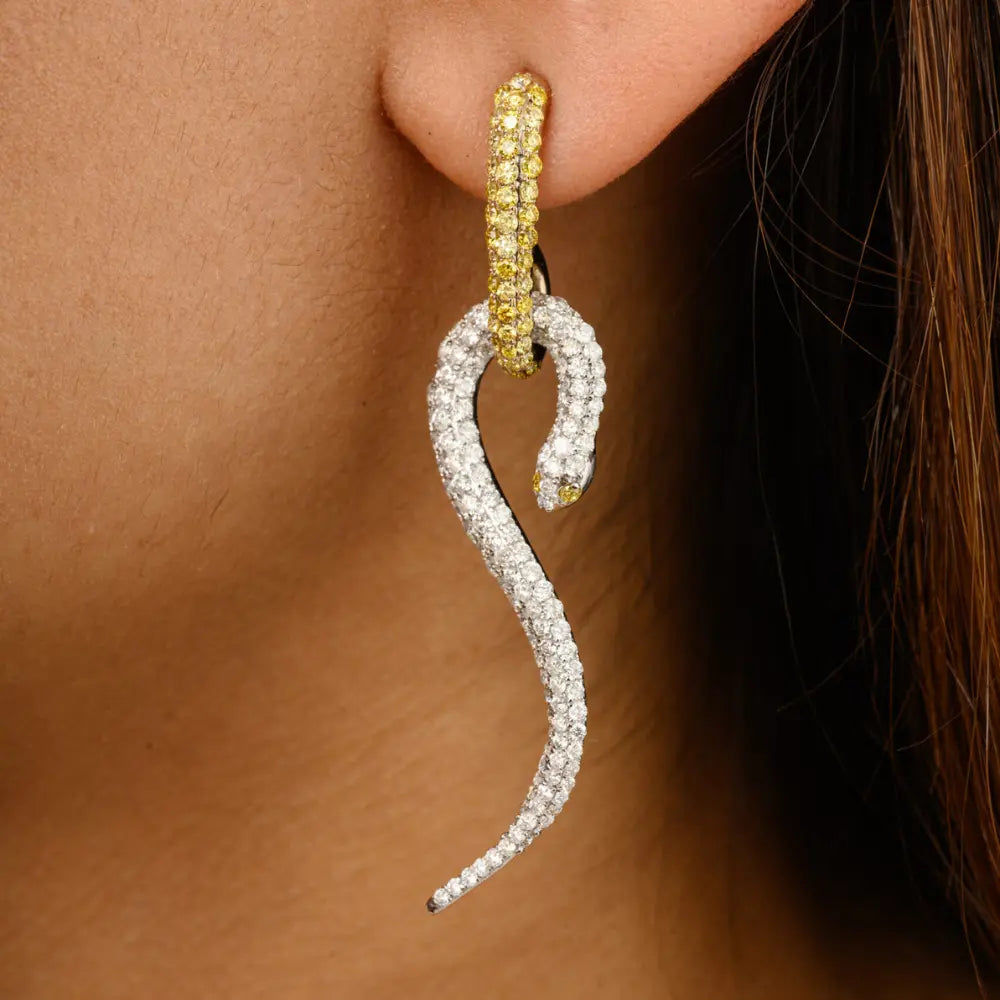 Unique Jewelry Natural Yellow & White Diamond 18K Gold Snake Dangle Earrings