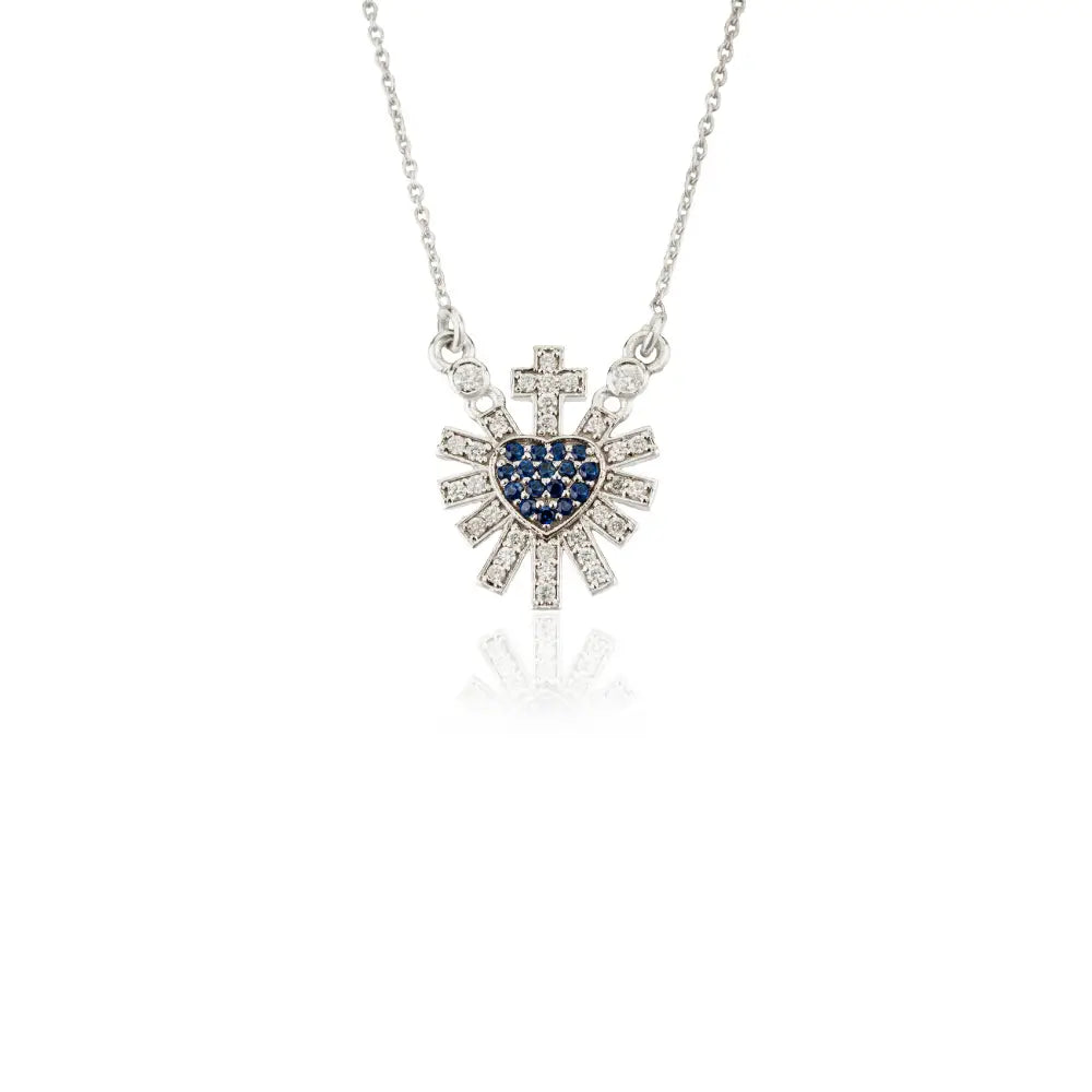 14K Solid White Gold Blue Sapphire & Diamond Sacred Heart Sunburst Pendant Necklace