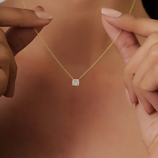 Princes Cut Diamond Solitaire Pendant Necklace Graduation Gift 14K Real Yellow Gold Jewelry