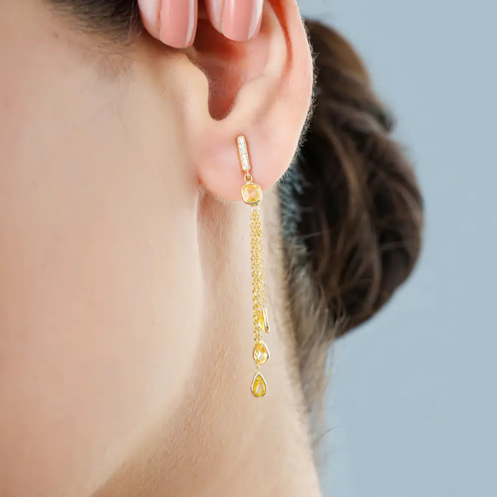 Light Weight 14K Real Gold Yellow Sapphire & Diamond Triple Link Chain Drop Earrings Women's