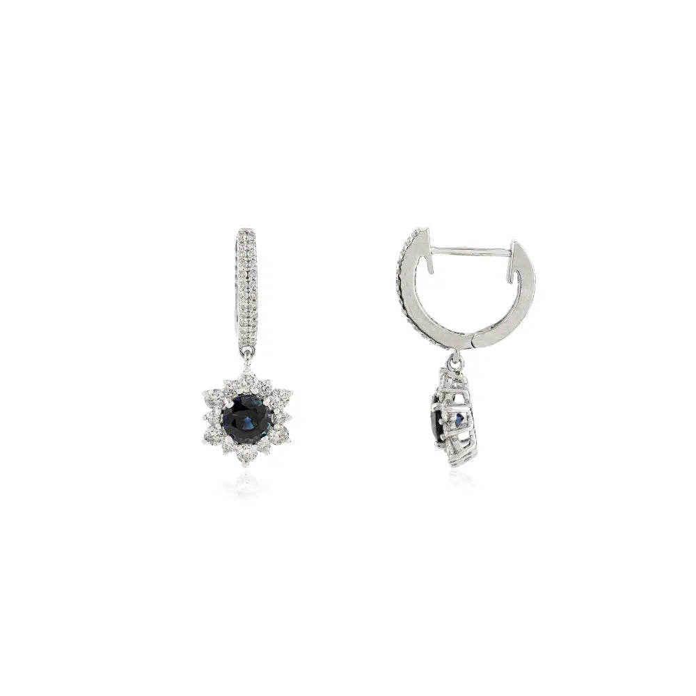 Unique Design Blue Sapphire & Diamond 14K Solid Gold Cluster Charm Hoop Drop Earrings