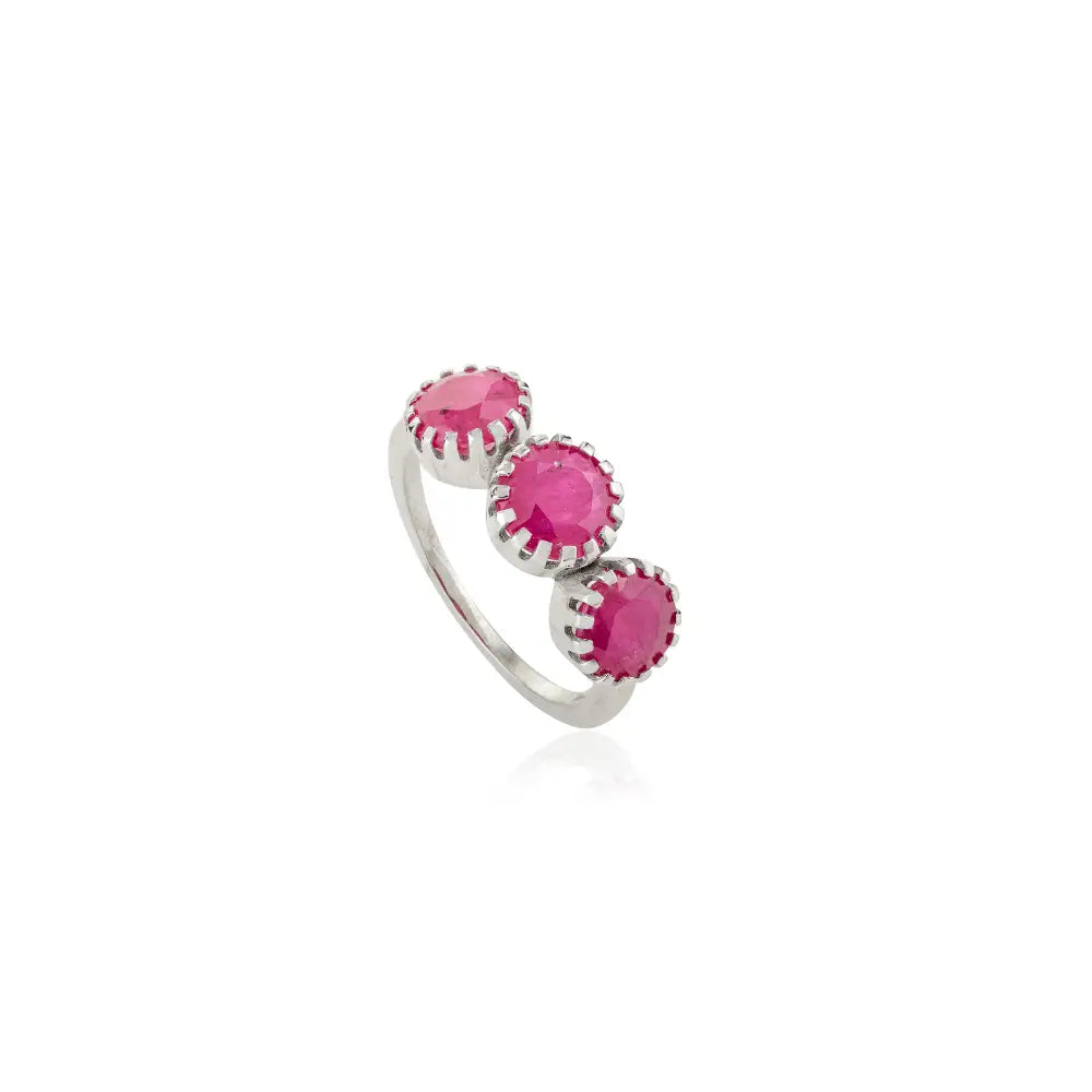 Precious Gemstone Round Cut Ruby Three Stone Ring Fine Pure K14 Gold Gift For Women Jewelry