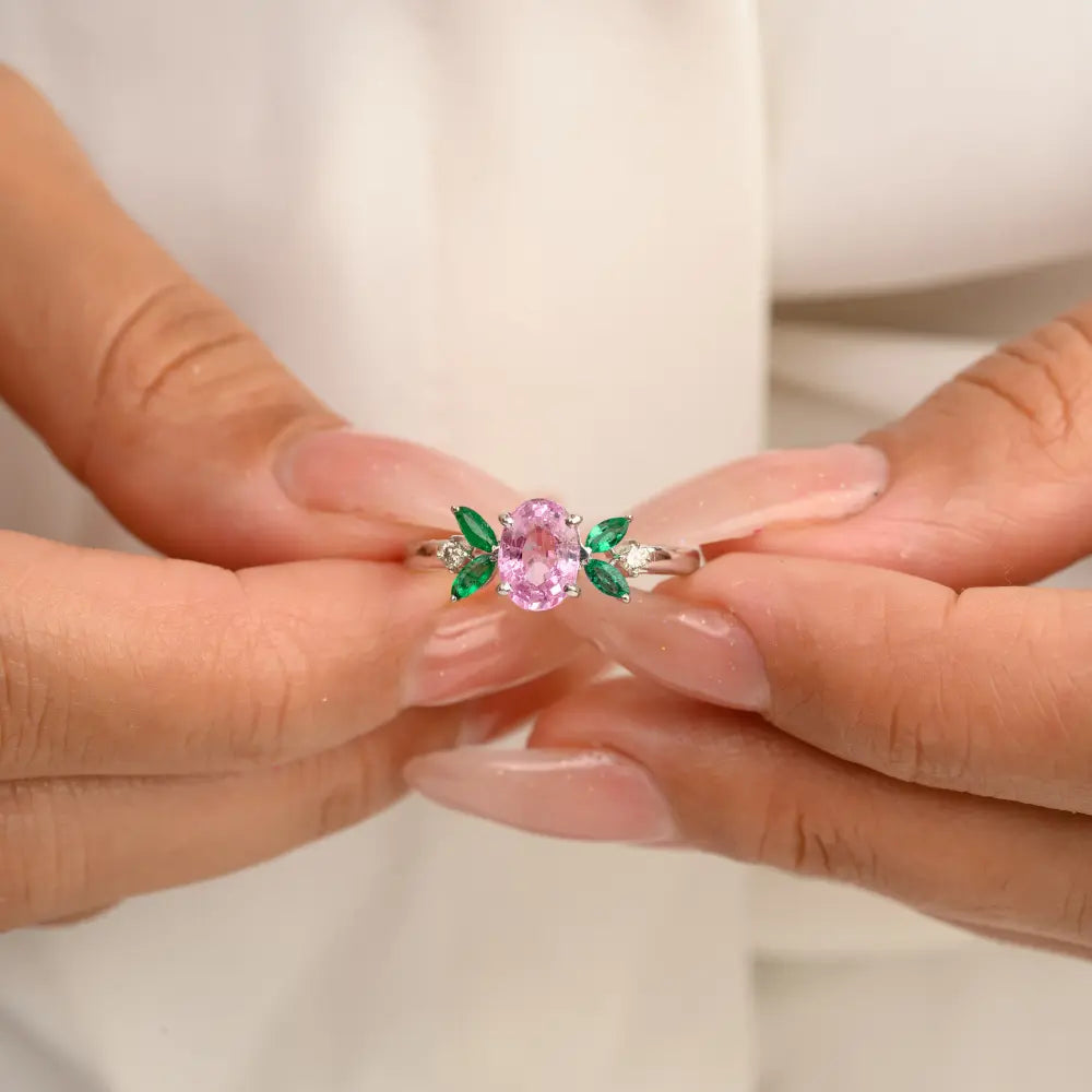 Emerald, Pink Sapphire & Diamond 14K Solid White Gold Ring Birthstone Jewelry