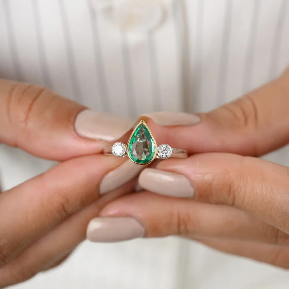 Pear Emerald & Round Diamond 18K Solid White Gold Trinity Ring Unique Jewelry