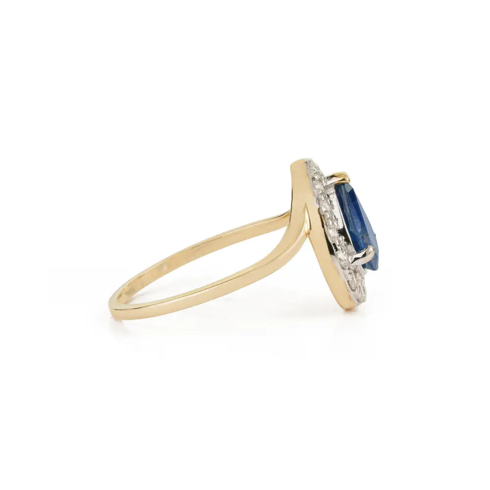 Wholesale Price Blue Sapphire & Diamond Real K14 Yellow Gold Halo Ring Birthstone Jewelry