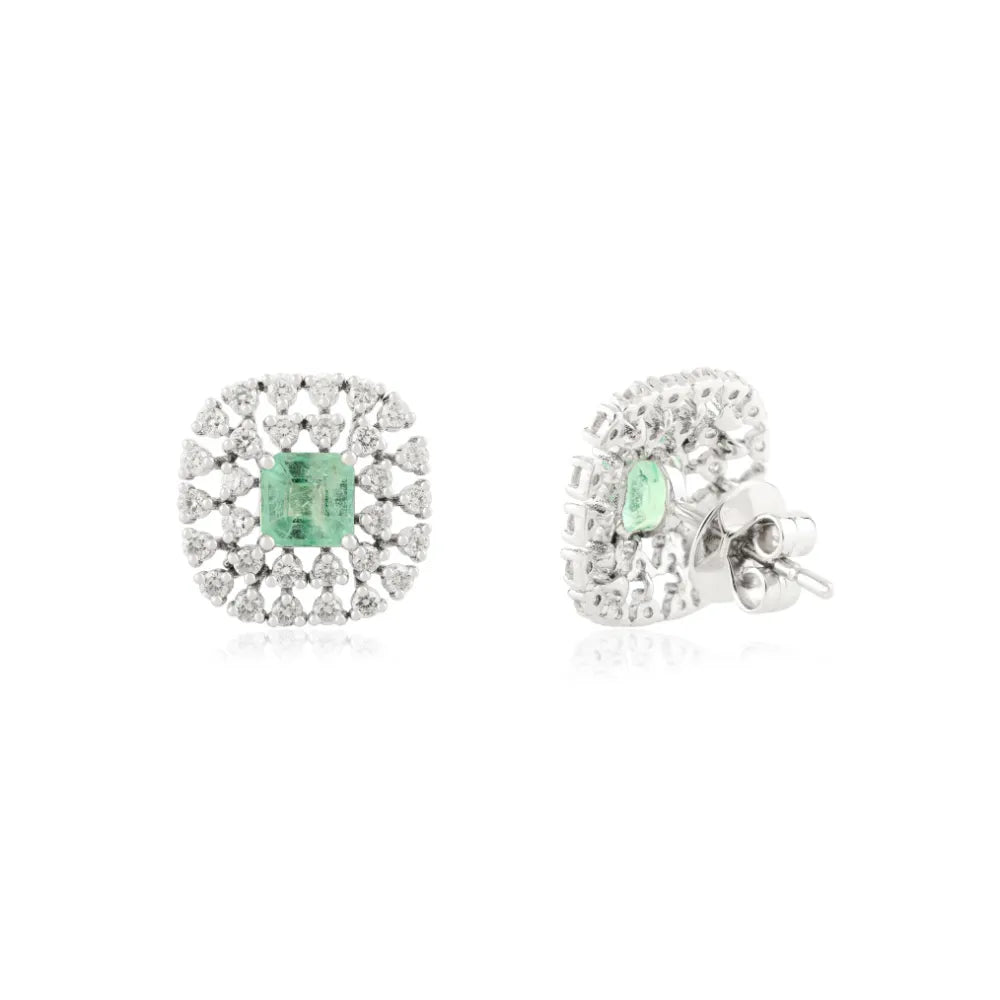 Square Cut Emerald & Diamond Wholesale Unique Design Stud Earrings 14K Solid Gold Jewelry