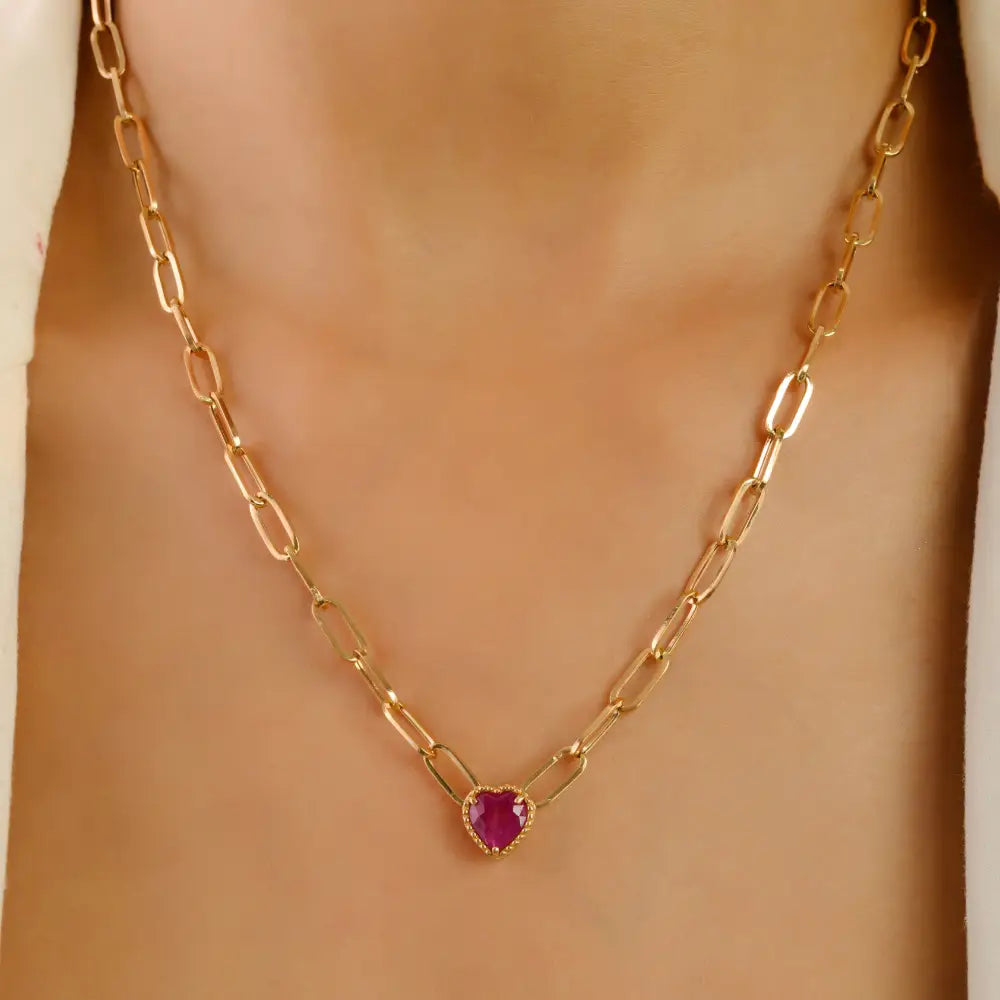 Trending Product Heart Shape Ruby Paperclip Chain Pendant Necklace 18K Gold Valentine's Gift