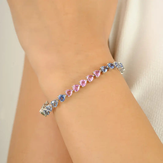 Heart Shape Rainbow Multi Sapphire 14K Solid White Gold Tennis Bracelet Stackable Jewelry