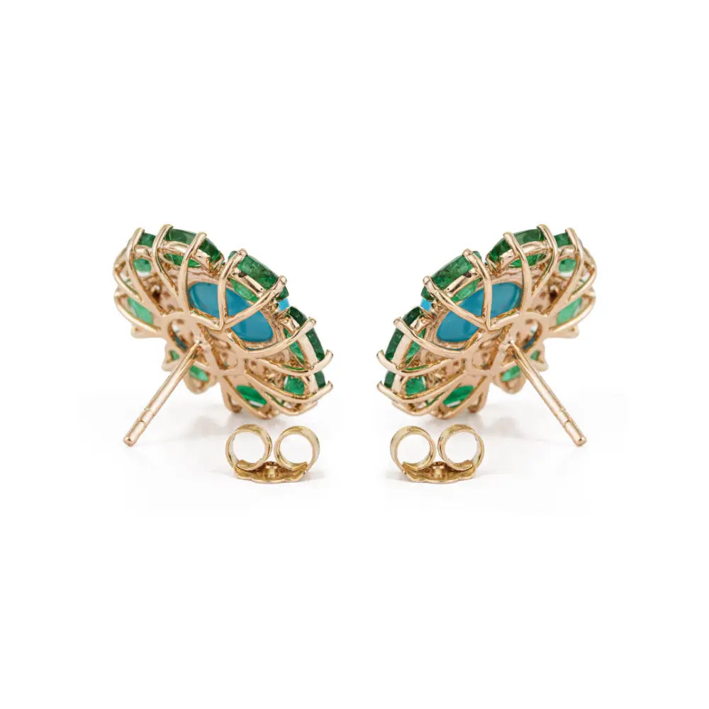 Floral Inspired Solid K14 Yellow Gold Emerald Turquoise & Diamond Statement Stud Earrings