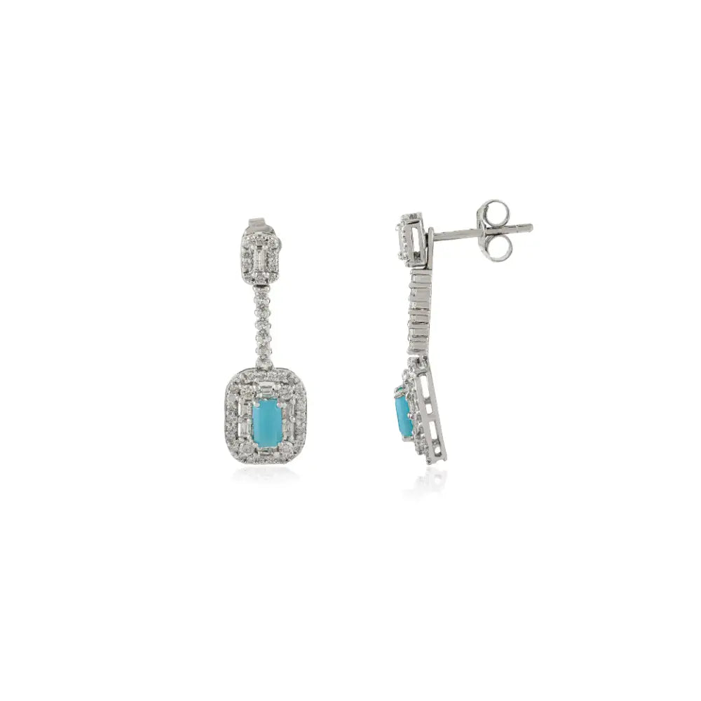 Turquoise & Diamond Convertible Stud-and-Drop Earrings For Women 14K Solid White Gold