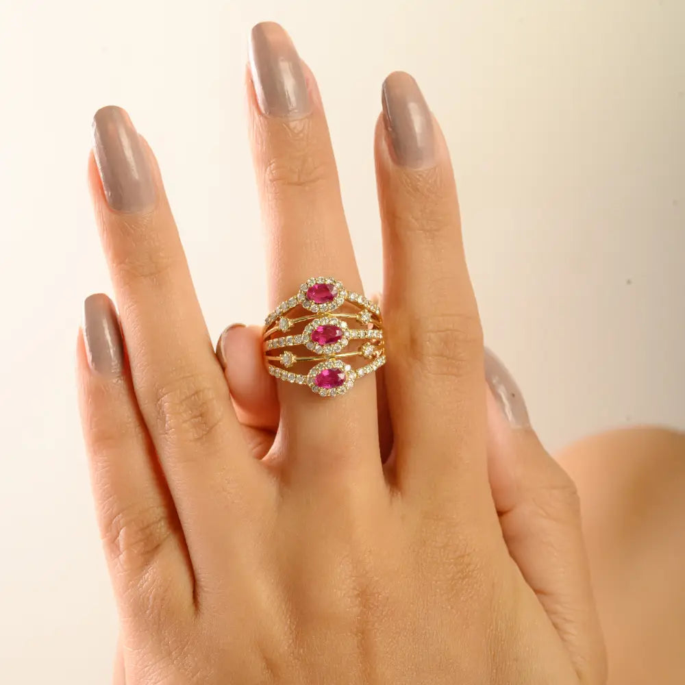 1.15 Ct. Ruby & Diamond Statement Multi Layer Ring Party Wear 14K Yellow Gold Fine Jewelry