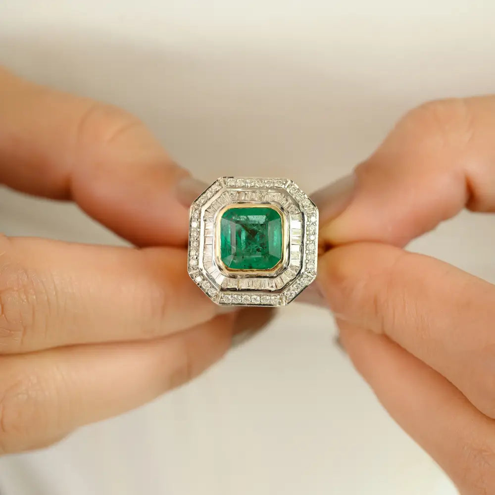 Precious Gemstone Cushion Cut Emerald & Diamond 14K Yellow Gold Bold Wedding Ring