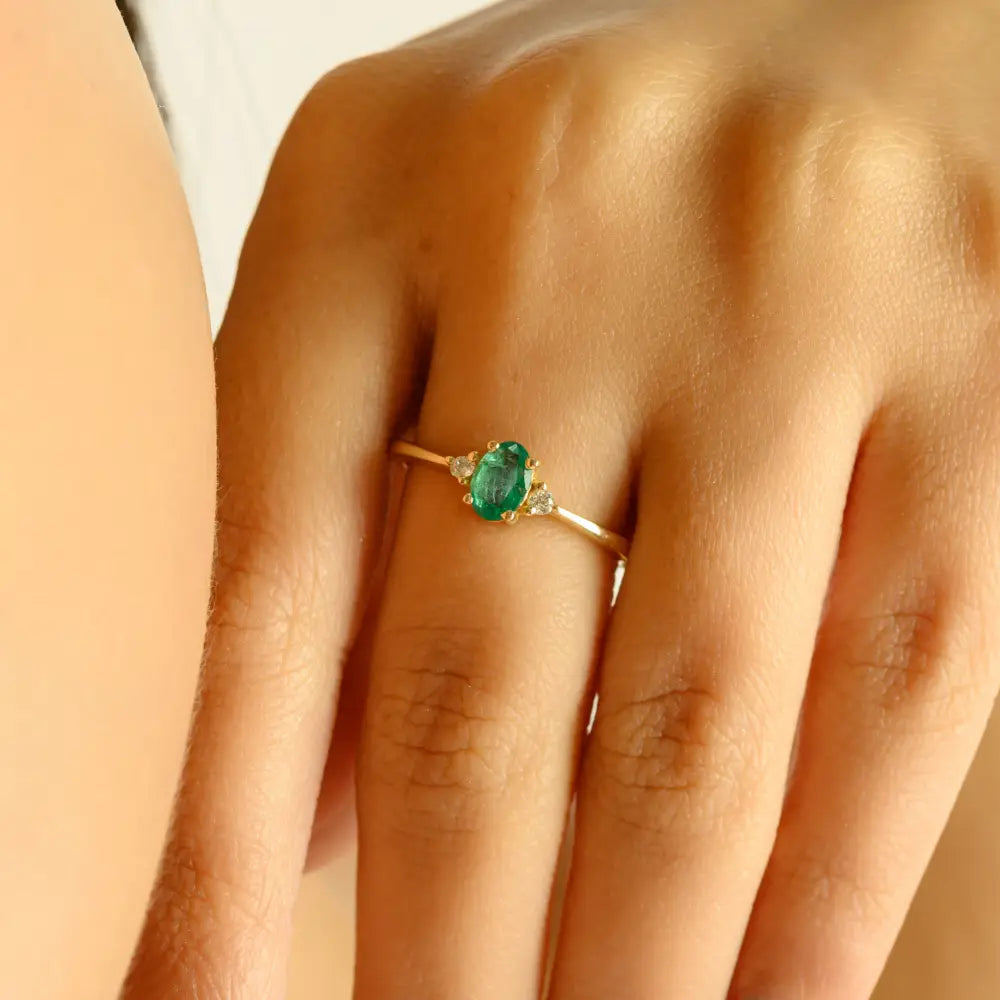 Minimalist Natural Emerald & Diamond Dainty Gemstone Ring 14K Real Yellow Gold Jewelry