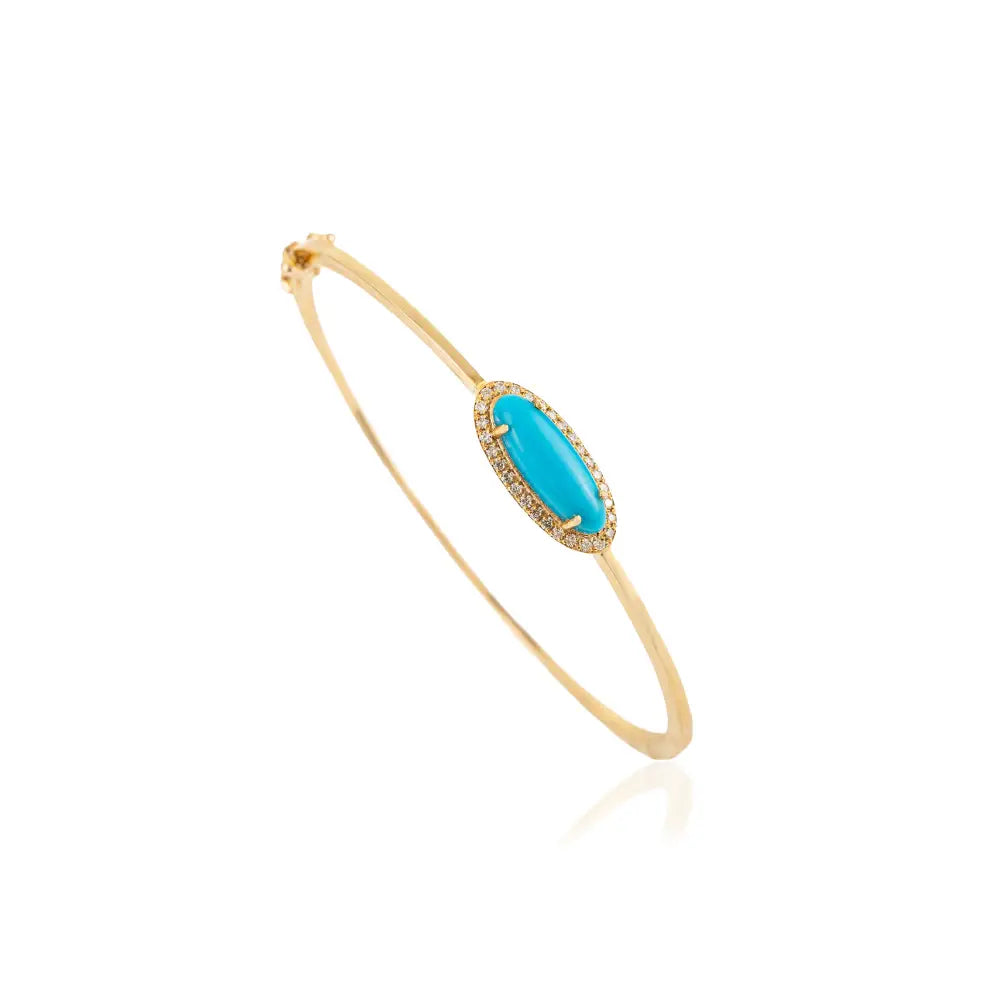 High Quality Turquoise & Diamond K14 Solid Yellow Gold Stackable Halo Bangle & Bracelet