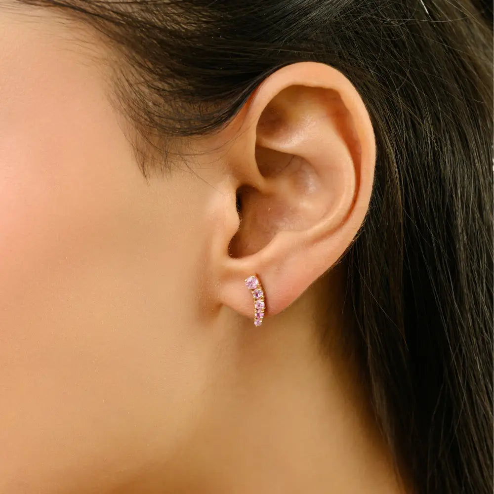 Minimalist Unique Graduated Set Gemstone Pink Sapphire Ear Climber Earrings 14K Gold