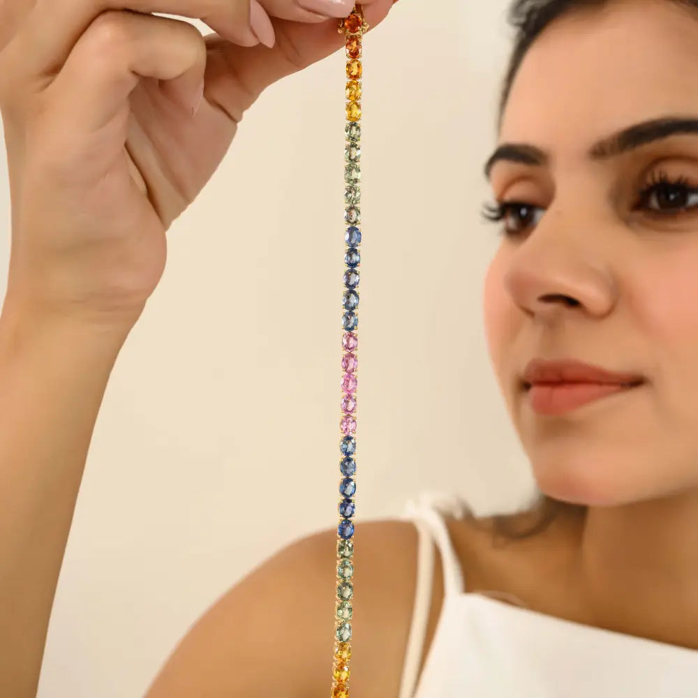 New Collection of Handmade Multi Sapphire Gemstone Tennis Bracelet Real 18K Yellow Gold