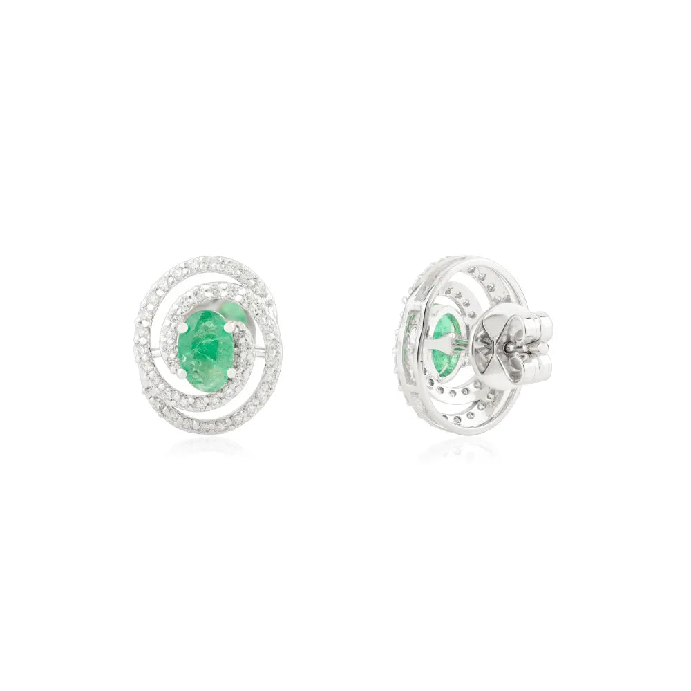 Unique Latest Design Emerald & Diamond Double Halo Spiral Stud Earrings 14K Gold Jewelry