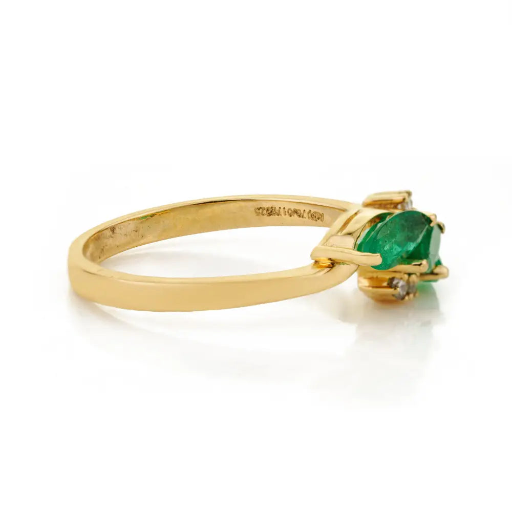 Marquise Shape Emerald & Diamond Three Stone Ring Stackable 14K Yellow Gold Jewelry
