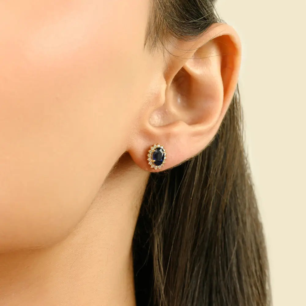 Blue Sapphire & Diamond Prong Setting Cluster Stud Earrings 14K Yellow Gold Minimal Jewelry