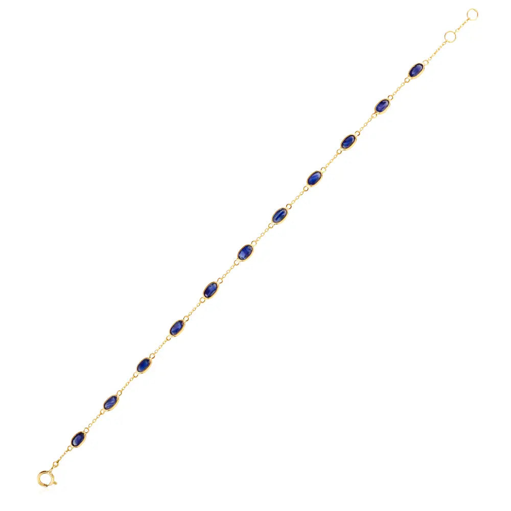 Everyday Wear Genuine Blue Sapphire Stackable Station Bracelet Real K18 Yellow Gold Jewelry