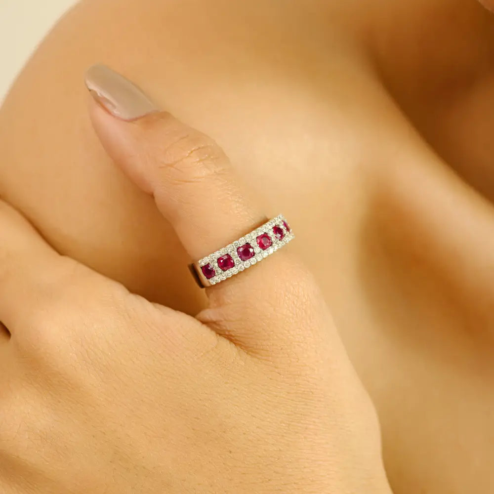 3mm Round Cut Ruby & Diamond Statement Half Eternity Band Ring Pure K14 White Gold Jewelry