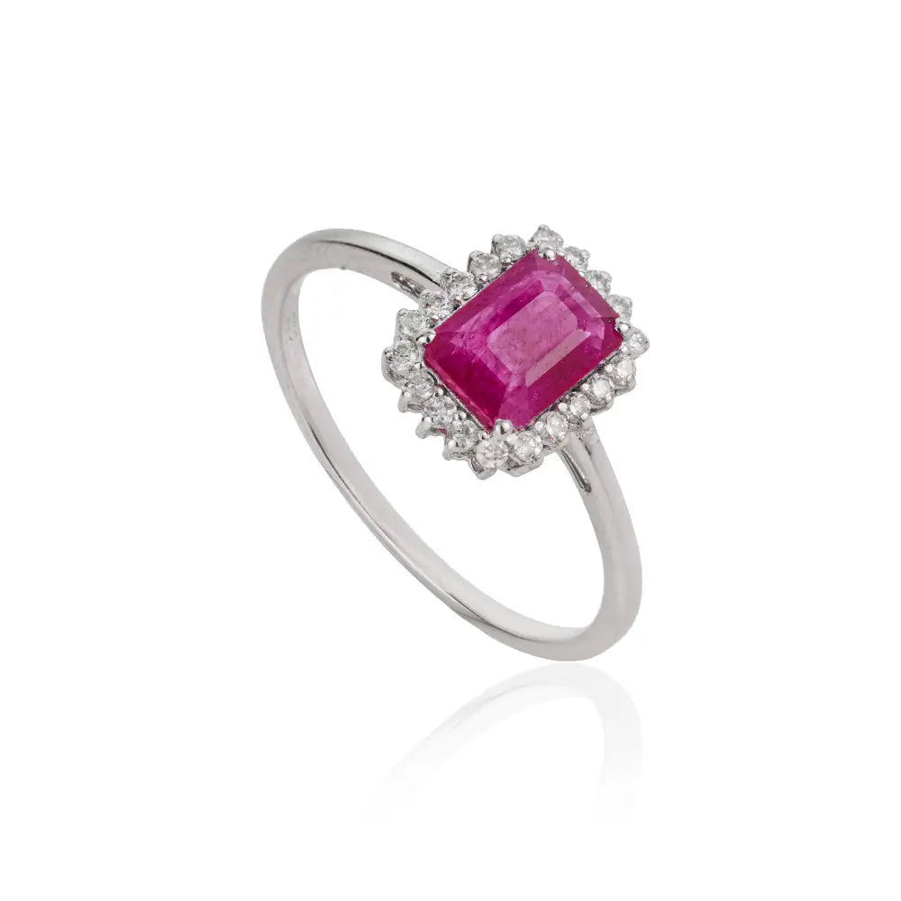 7x5mm Octagon Cut Ruby & Diamond Fine Cluster Ring Handmade 14K White Gold Jewelry