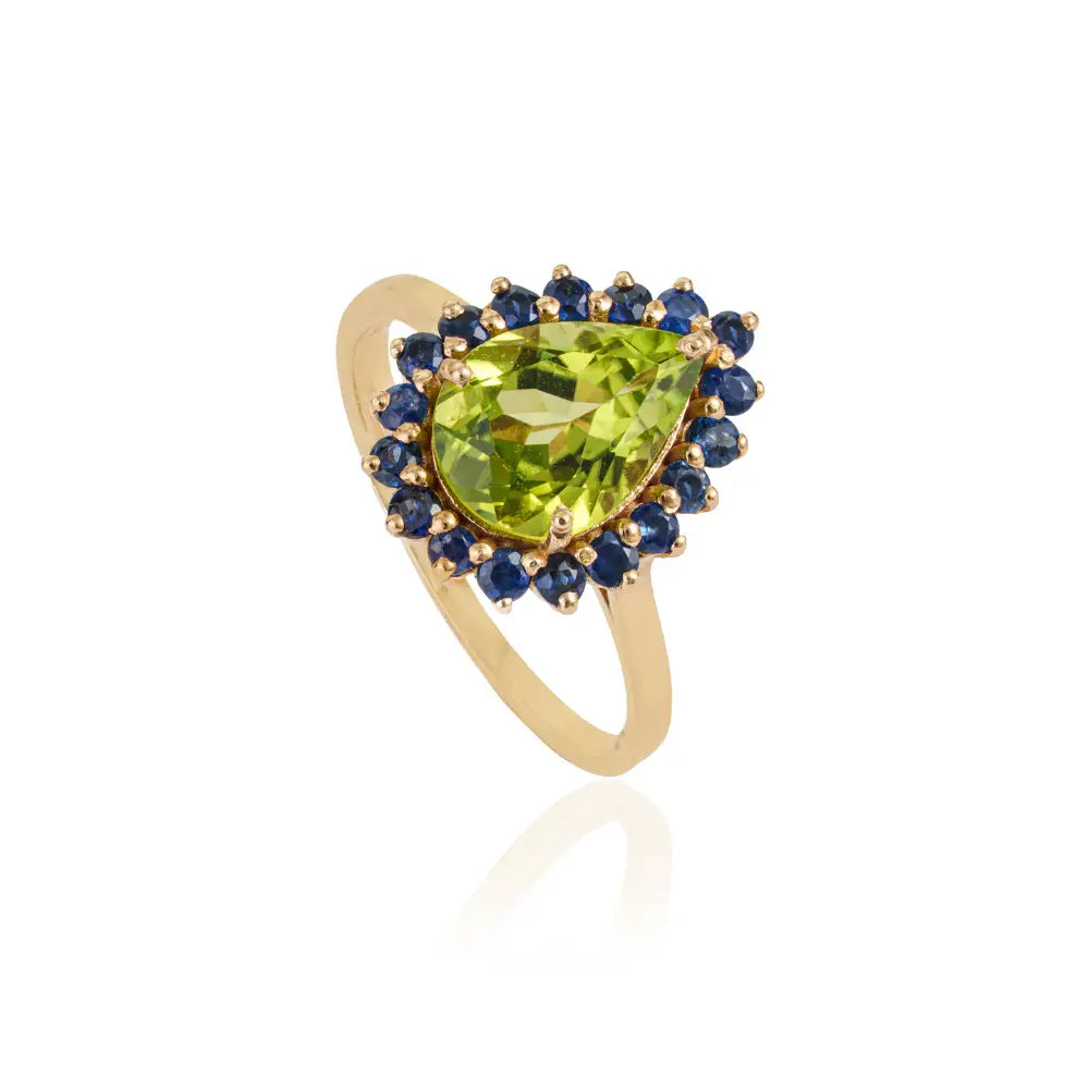 100% Natural Blue Sapphire & Peridot Real 18K Yellow Gold Pear Shape Cluster Ring