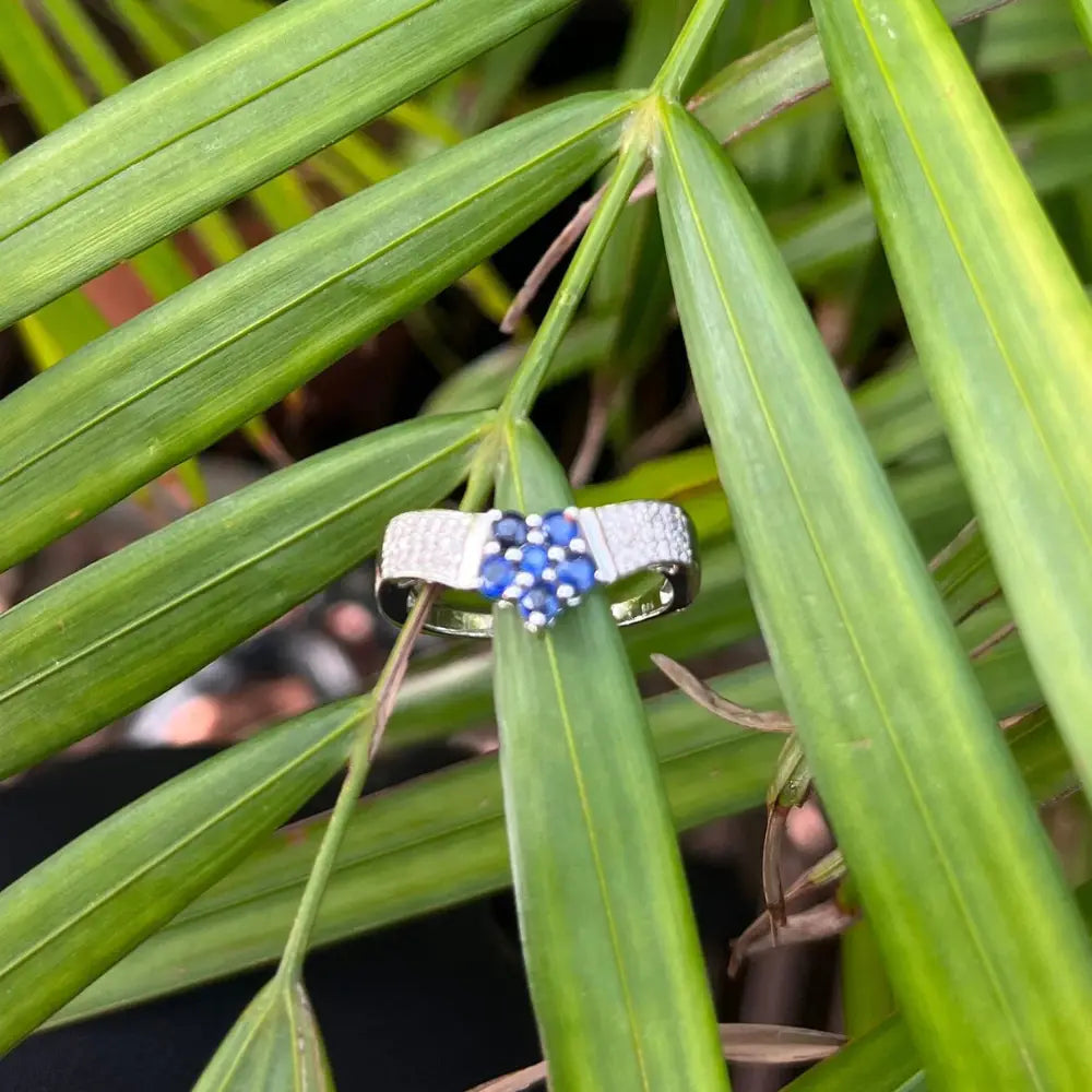 Real Blue Sapphire & American Diamond Flower Band Ring For Women September Birthstone Jewelry