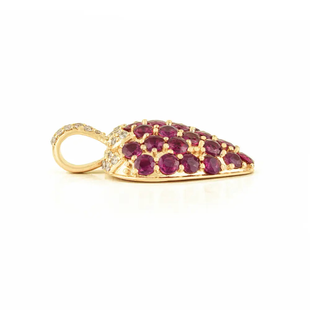 Unique Design Full Pave Set Ruby & Diamond Strawberry Pendant 14K Real Yellow Gold Jewelry