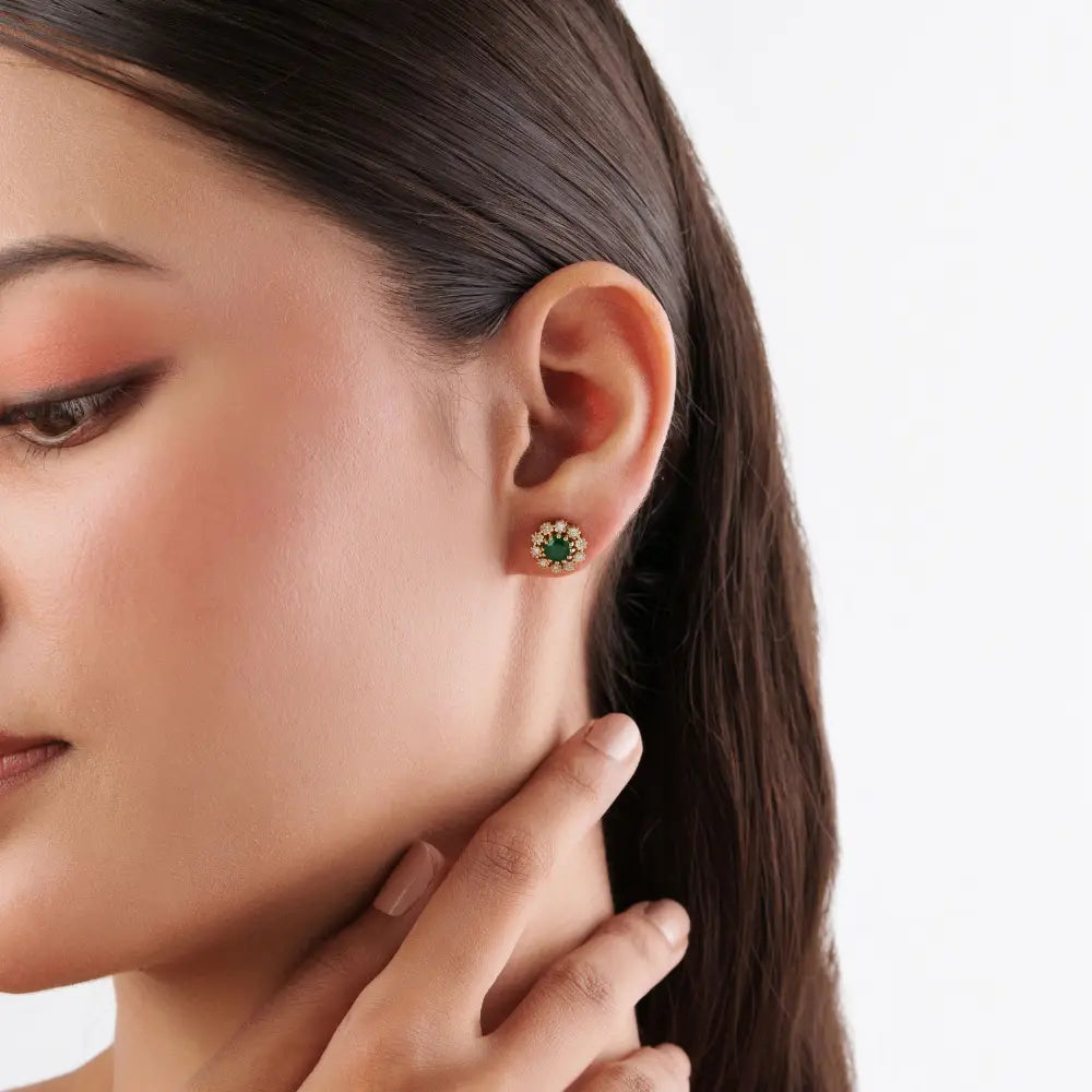 Flower Inspired Round Cut Emerald & Diamond Pure 14K Yellow Gold Stud Earrings For Girls