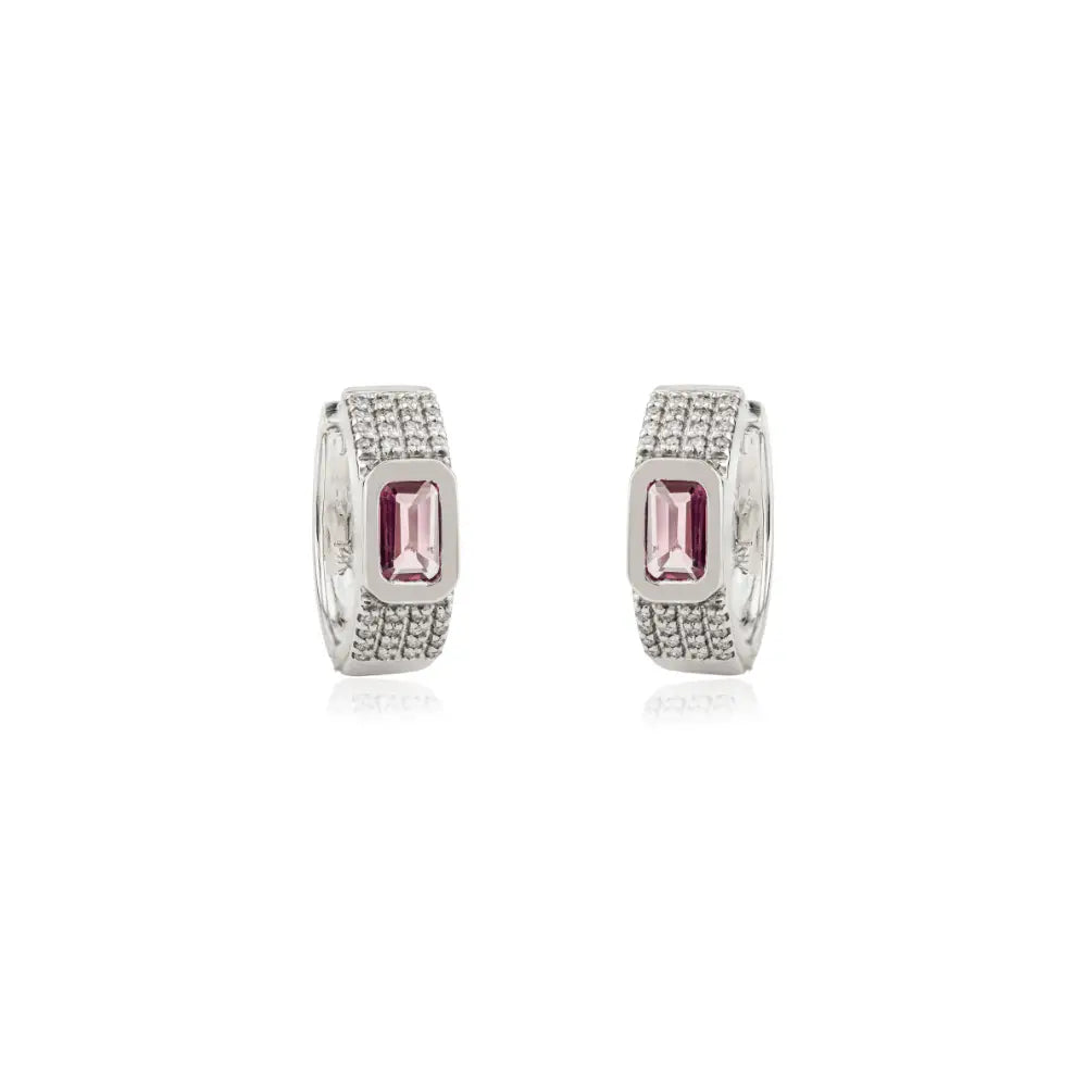 Pink Sapphire & Diamond Russian Lock Trending Hoop Earrings 14K White Gold Fine Jewelry