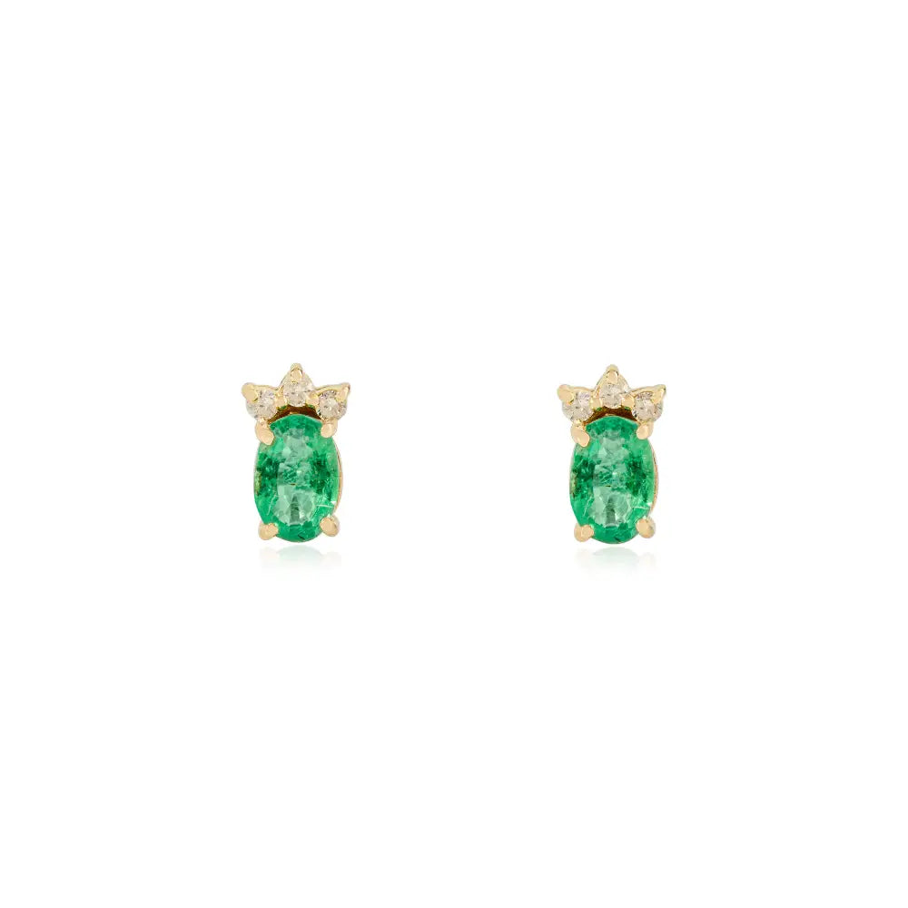 Minimalist Oval Emerald & Round Diamond 14K Yellow Gold Small Stud Earrings Daily Wear Jewelry