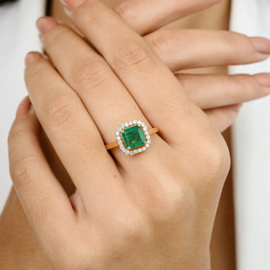 May Birthstone Natural Emerald & Diamond 18K Solid Gold Engagement Ring