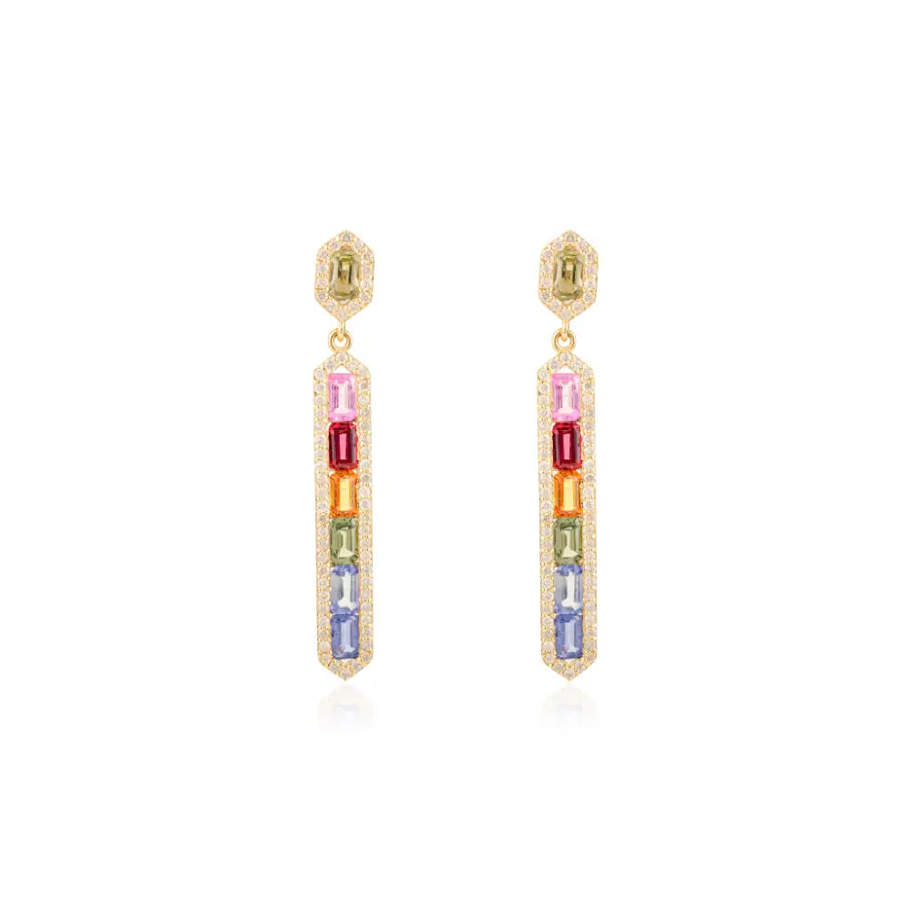 Gorgeous Design Rainbow Multi Sapphire & Diamond Statement Bar Dangle Earrings 14K Gold